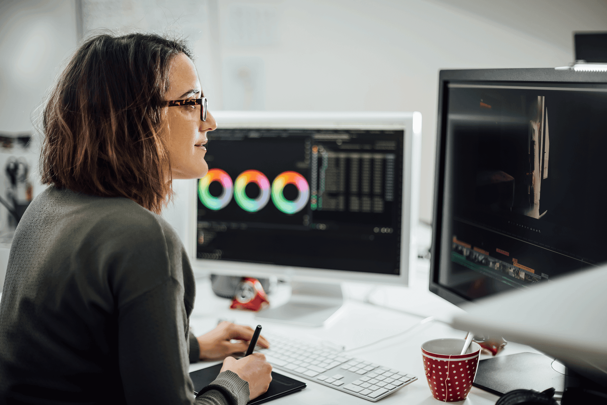 Woman analyzing data visualizations on computer monitors.