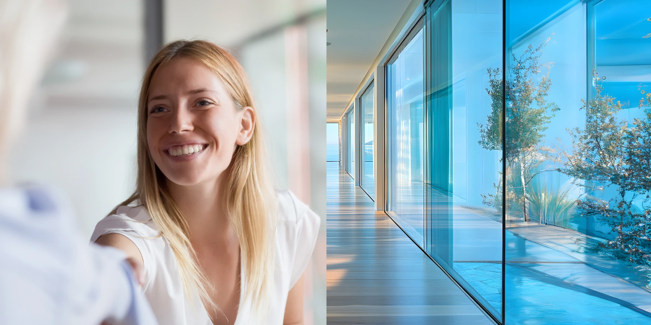 A smiling woman with blond hair, wearing a white blouse, in an office setting, juxtaposed against a bright hallway with blue-tinted windows