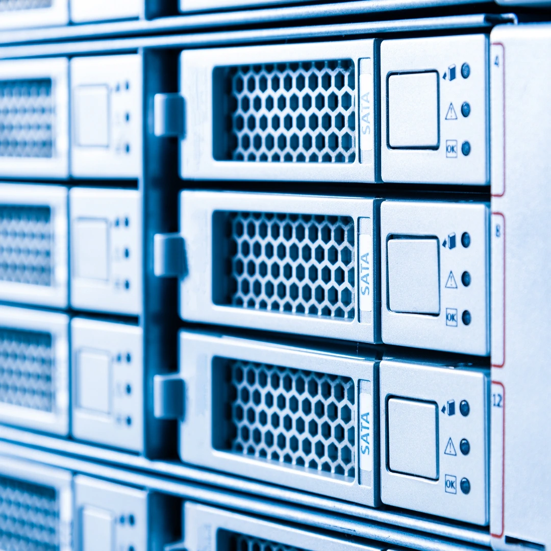 Rows of hard drives in a server rack