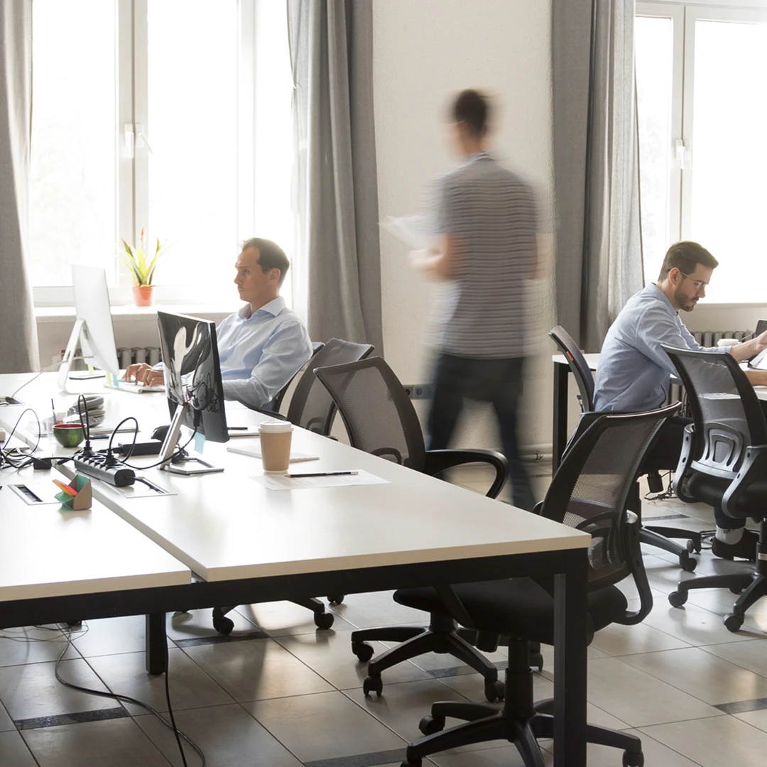 Clean, modern office interior with employees working at computers