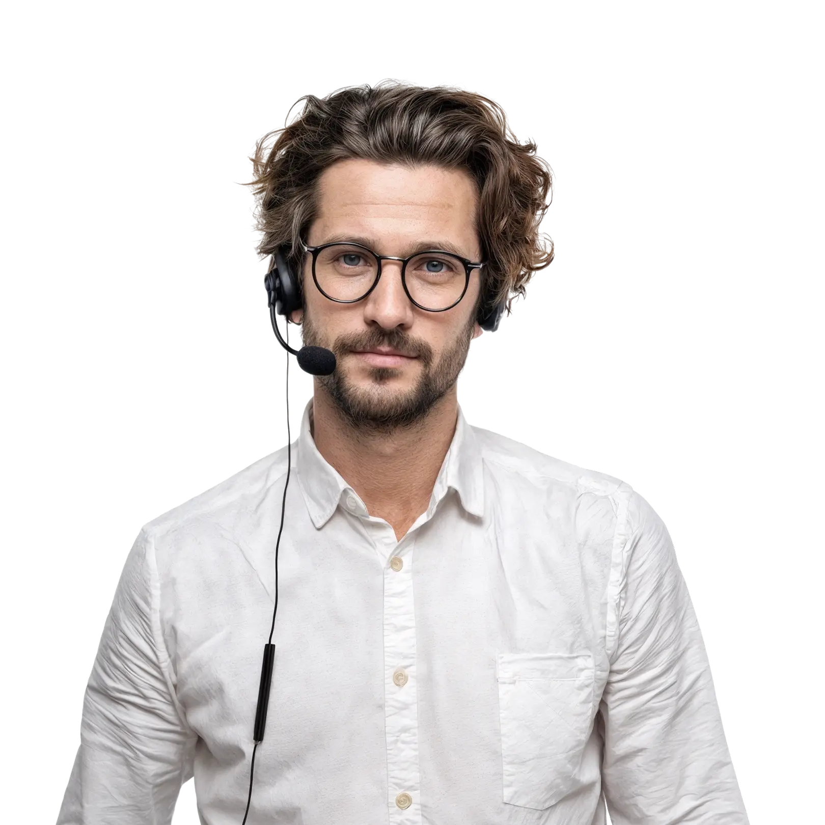 Healthcare call center agent wearing a white shirt and headset, focused, in a modern office environment.