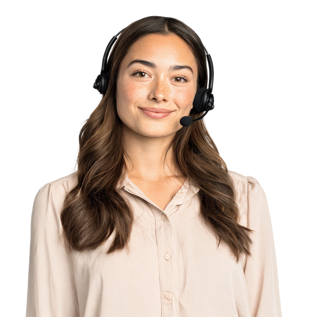 Friendly female customer support agent with long brown hair, wearing a headset and light brown blouse