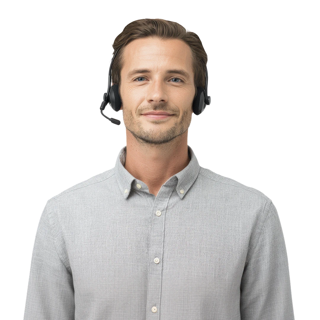 Focused customer support agent with short brown hair and blue eyes wearing a headset and grey shirt