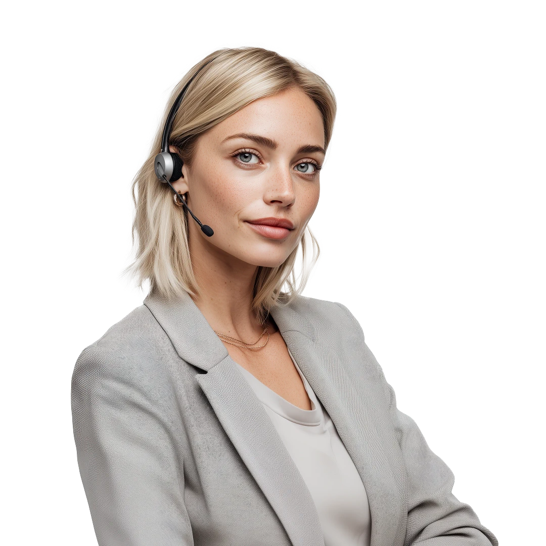 Cute female customer support agent with blond hair, wearing a light grey blazer and a headset, ready to assist