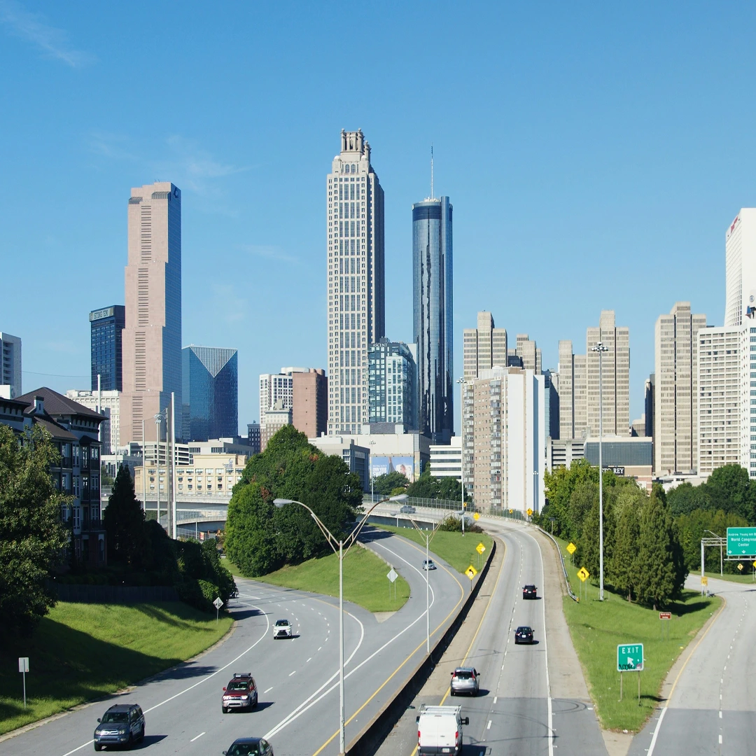 View of the Atlanta skyline with a highway in the foreground