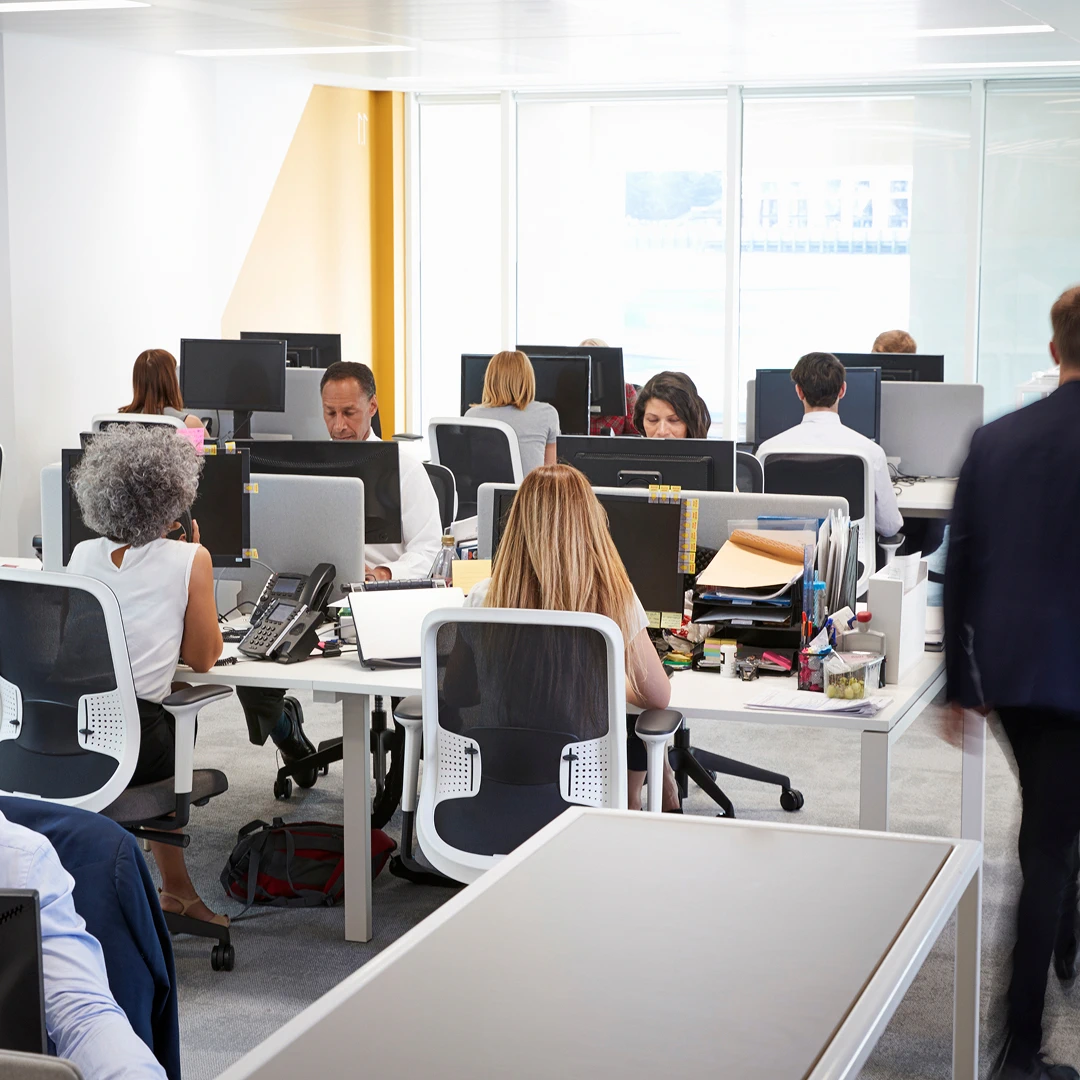 A modern office space where many employees are diligently working at their desks