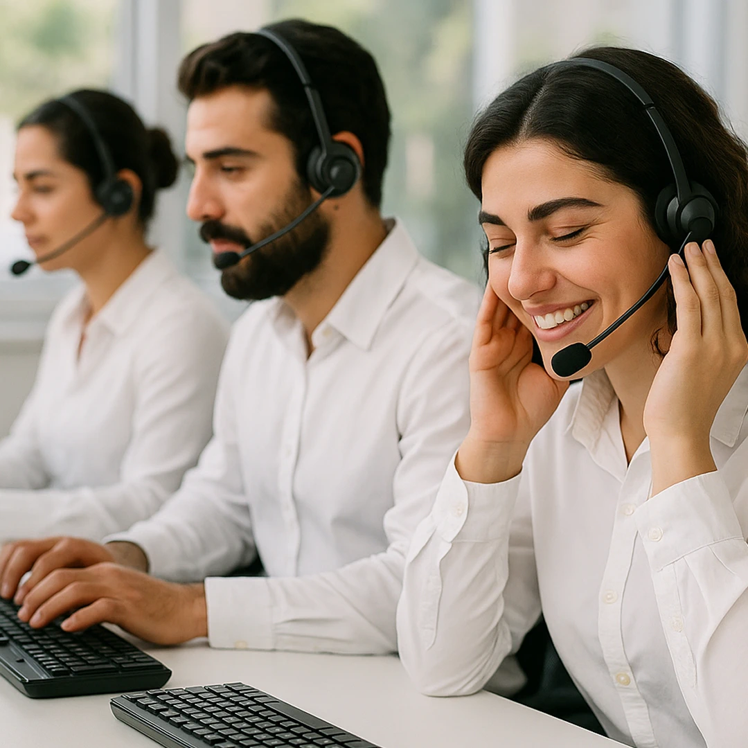 A team of customer support representatives in Georgia, dressed in white shirts, are working at their desks