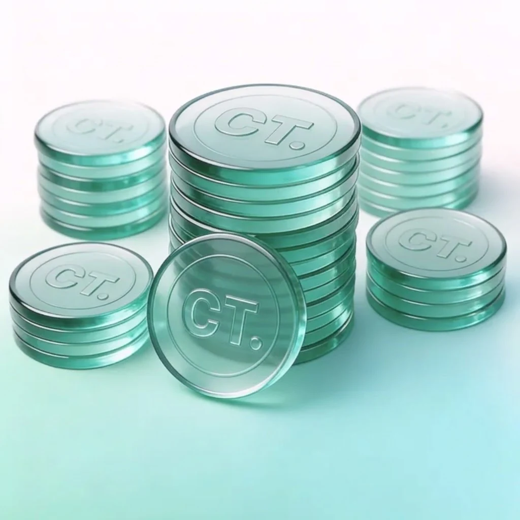Several stacks of coins, each with the "CT" logo, on a green and white gradient background.