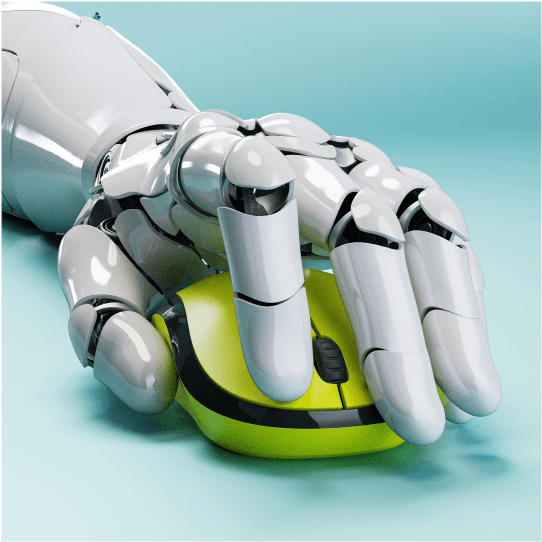 robo hand holding a computer mouse, trying to solve a CAPTCHA or something
